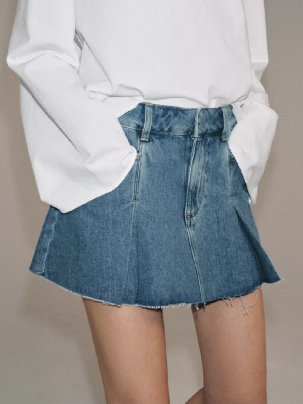 Zara Zw Collection Blue Pleated Denim Mini Skirt with Raw Hem